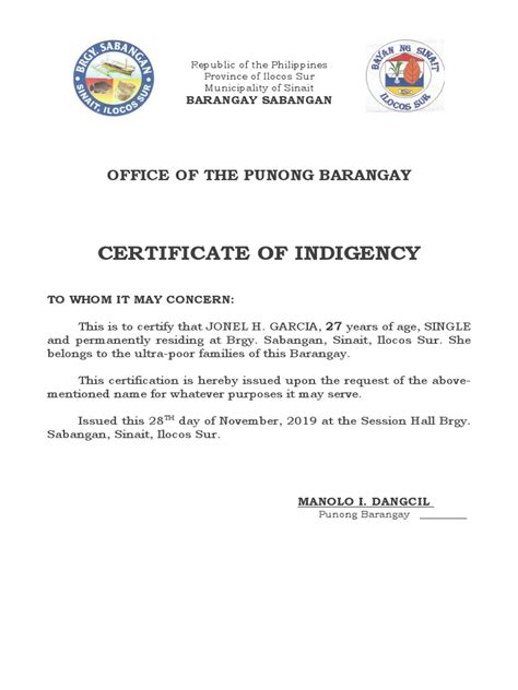 certificate of indigency meaning